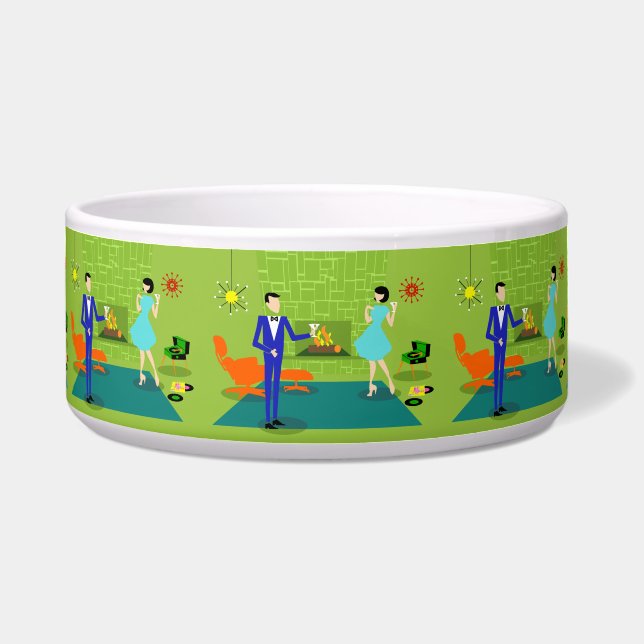 Mid Century Modern Couple Ceramic Pet Bowl (Front)