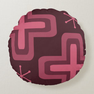 Mid Century Modern Crosses Dark Red Round Pillow
