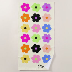 Mid Century Modern Daisies Colourful Retro Name Beach Towel