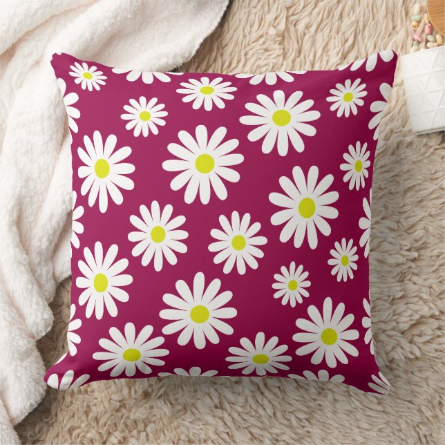 mid century modern daisies floral berry pink throw pillow (Blanket)