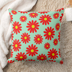 mid century modern daisies floral red throw pillow