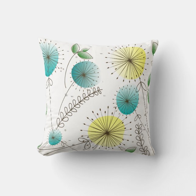Mid-Century Modern Dandelion Clocks Blue Yellow Throw Pillow (Front)