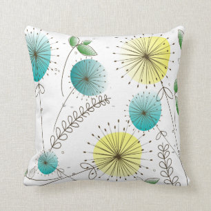 Mid-Century Modern Dandelion Clocks Blue Yellow Throw Pillow