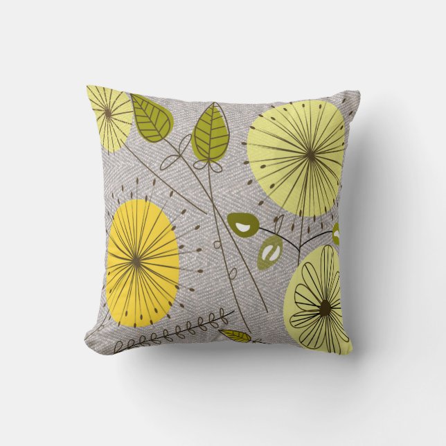 Mid-Century Modern Dandelion Clocks Yellow Throw Pillow (Front)