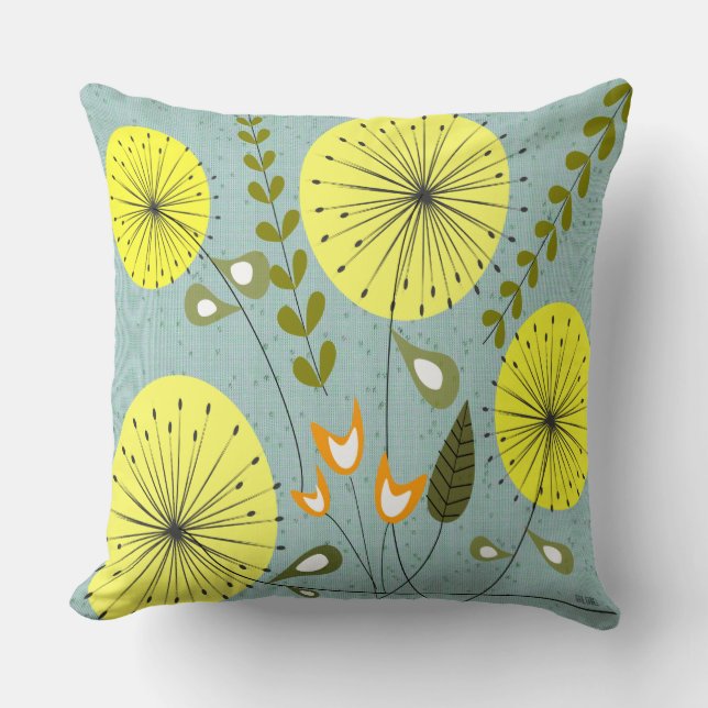 Mid-Century Modern Dandelion Clocks Yellow Throw Pillow (Front)