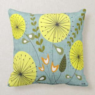 Mid-Century Modern Dandelion Clocks Yellow Throw Pillow