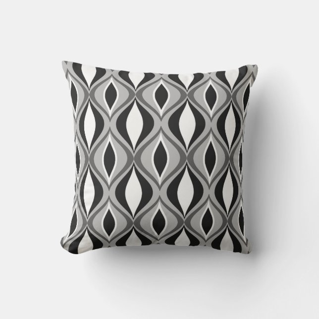 Mid-Century Modern Diamonds, Black, White and Grey Outdoor Pillow (Front)