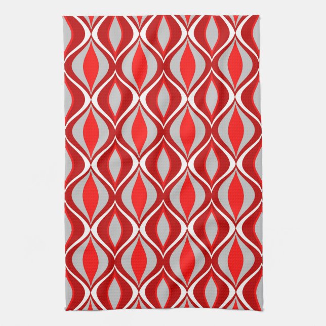 Mid-Century Modern Diamonds, Red & Grey / Grey Kitchen Towel (Vertical)