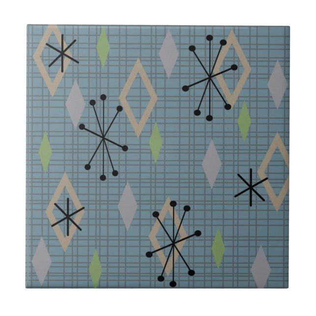 Mid Century Modern Diamonds Slate Grey Blue Tile (Front)