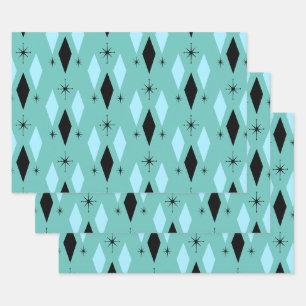 Mid Century Modern Diamonds Starbursts Teal Blue Wrapping Paper Sheet