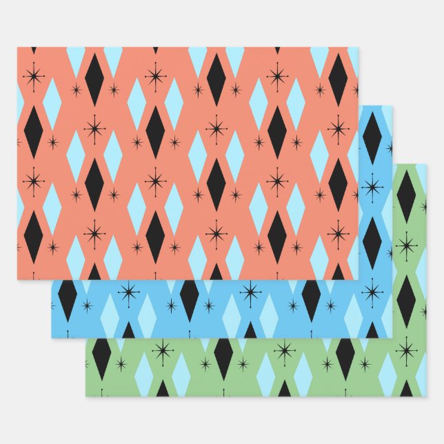 Mid Century Modern Diamonds Starbursts Three Colou Wrapping Paper Sheet (Set)