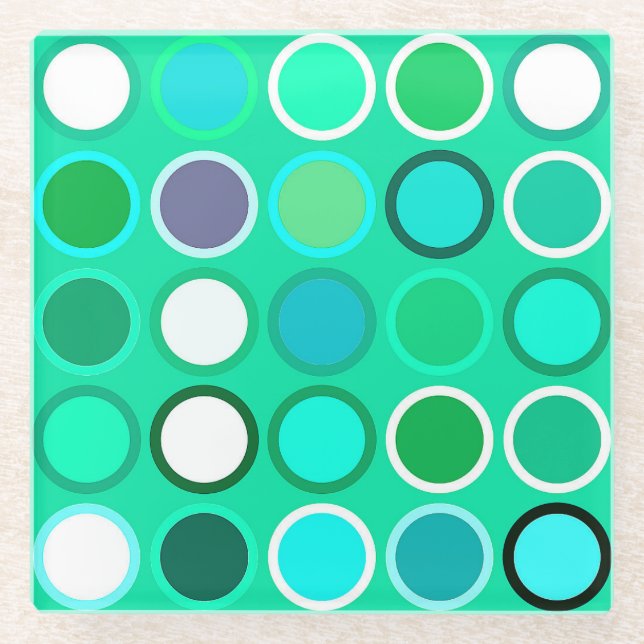 Mid-Century Modern Dots - shades of aqua Glass Coaster (Front)