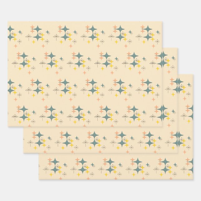 Mid Century Modern Eames Era Atomic Starbursts 2 Wrapping Paper Sheet (Set)