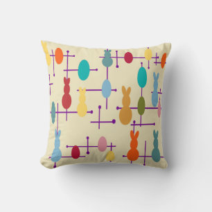 Mid-century Modern Eggs and Bunnies Throw Pillow