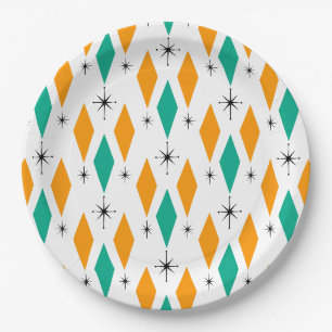 Mid Century Modern Era Diamonds Orange Turquoise Paper Plate