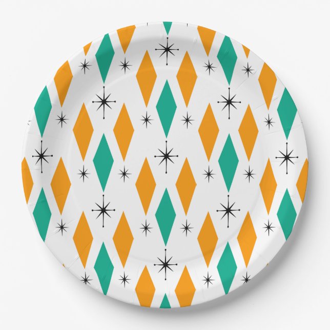 Mid Century Modern Era Diamonds Orange Turquoise Paper Plate (Front)