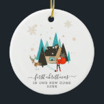 Mid-Century Modern | First Christmas New Home Ceramic Ornament<br><div class="desc">Hand drawn illustrations of Santa and his reindeer visiting your new home. This ornament depicts a Mid-Century Modern holiday theme. Full of charm these designs invoke festive nostalgia. Moving into your first home is a big deal. A new home ornament makes the perfect gift to mark this milestone. A new...</div>