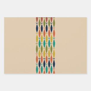 Mid Century Modern Fish and Minimalist Ocean Wave Wrapping Paper Sheet