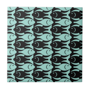 Mid-Century Modern fish, aqua and black Tile