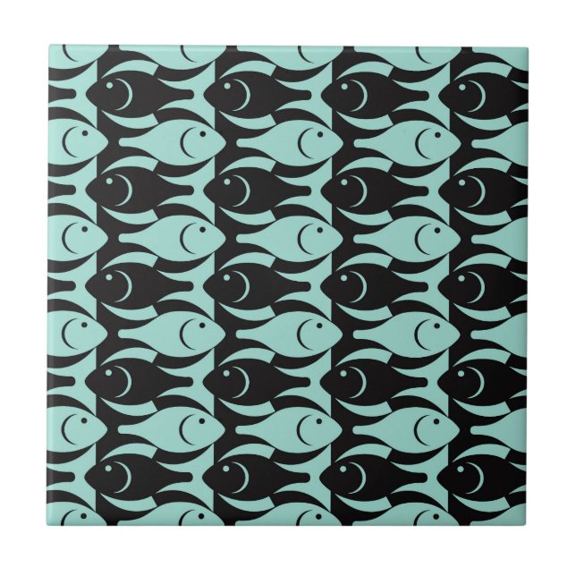 Mid-Century Modern fish, aqua and black Tile (Front)