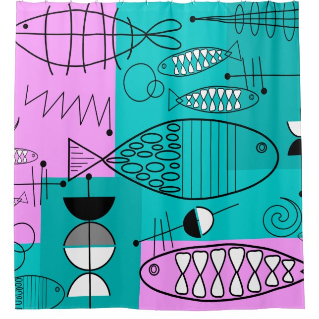 Mid-Century Modern Fish Art Pink Blue (Front)