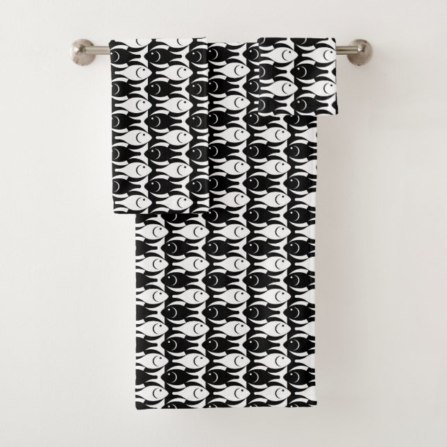 Mid-Century Modern fish, black and white Bath Towel Set (Insitu)