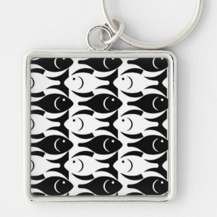 Mid-Century Modern fish, black and white Keychain