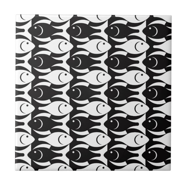 Mid-Century Modern fish, black and white Tile (Front)