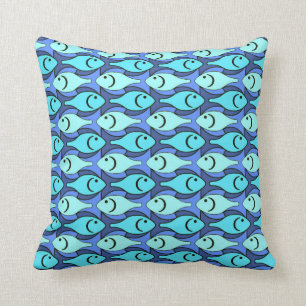 Mid-Century Modern fish, blue and aqua Throw Pillow
