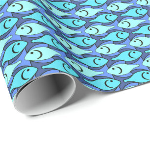 Mid-Century Modern fish, blue and aqua Wrapping Paper