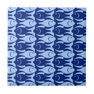 Mid-Century Modern fish, cobalt and light blue Tile