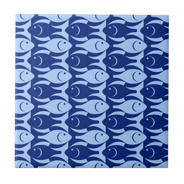 Mid-Century Modern fish, cobalt and light blue Tile (Front)