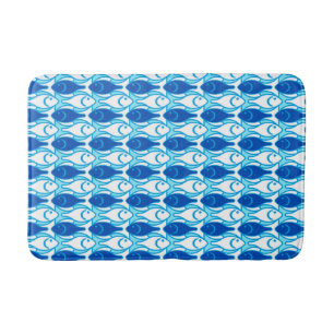 Mid-Century Modern Fish, Cobalt Blue and White Bath Mat