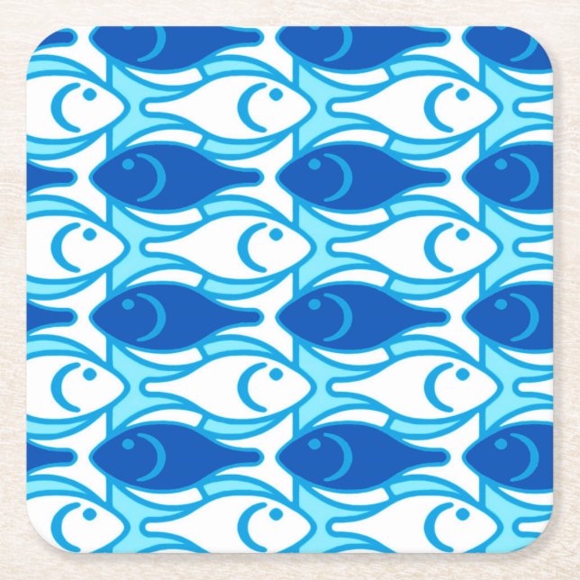 Mid-Century Modern fish, cobalt blue Square Paper Coaster (Front)