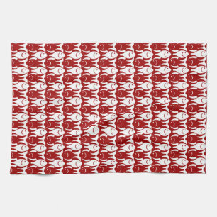 Mid-Century Modern fish, dark red and white Kitchen Towel