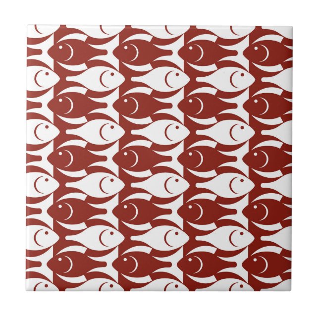 Mid-Century Modern fish, dark red and white Tile (Front)