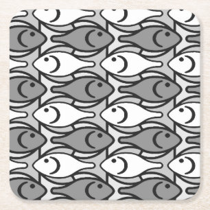 Mid-Century Modern fish, grey, white and black Square Paper Coaster