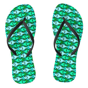 Mid-Century Modern fish, jade green and aqua Flip Flops