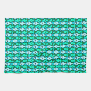 Mid-Century Modern fish, jade green and aqua Kitchen Towel