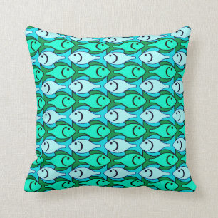 Mid-Century Modern fish, jade green and aqua Throw Pillow