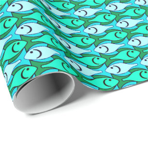 Mid-Century Modern fish, jade green and aqua Wrapping Paper
