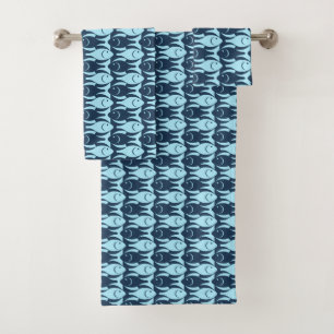 Mid-Century Modern fish, navy and light blue Bath Towel Set