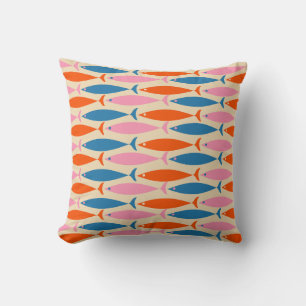 Mid Century Modern Fish Pattern Pink Blue Orange Throw Pillow
