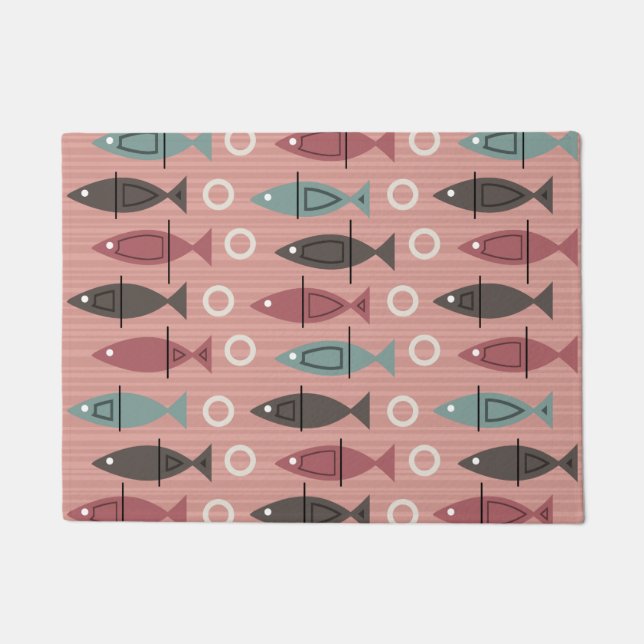 Mid Century Modern Fish Pattern Pink Teal Doormat (Front)