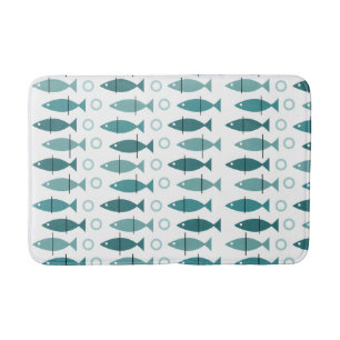 Mid Century Modern Fish Pattern Turquoise Bath Mat
