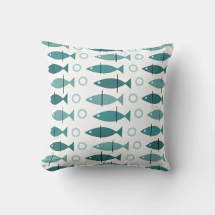 Mid Century Modern Fish Pattern Turquoise Throw Pillow