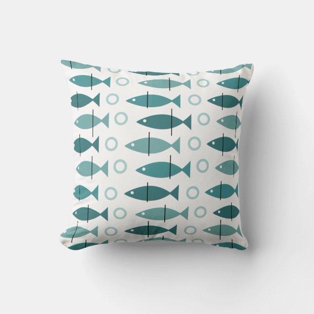 Mid Century Modern Fish Pattern Turquoise Throw Pillow (Front)