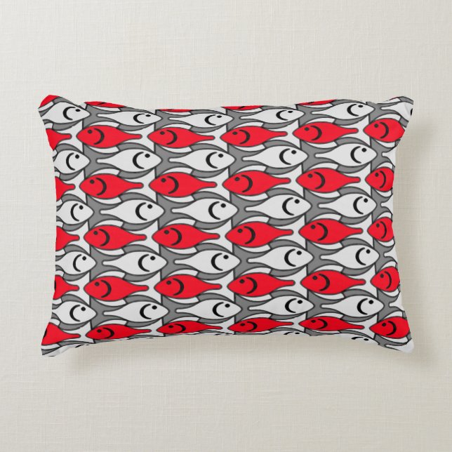 Mid-Century Modern fish, red and grey / grey Accent Pillow (Front)