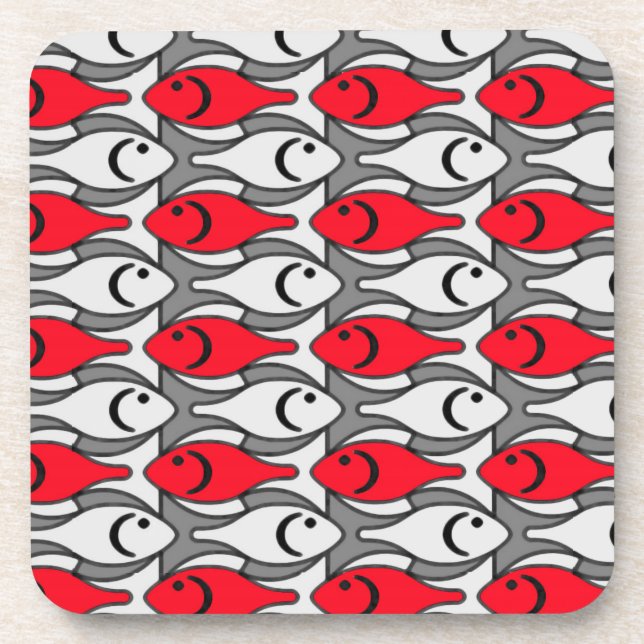 Mid-Century Modern fish, red and grey / grey Coaster (Front)
