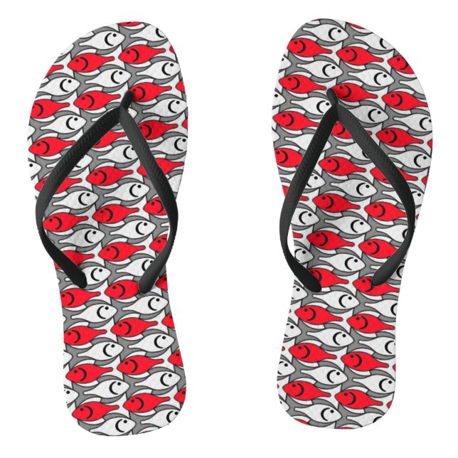 Mid-Century Modern fish, red and grey / grey Flip Flops (Footbed)